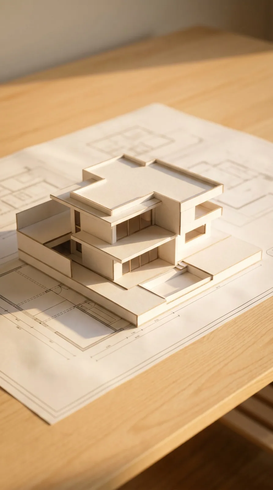 Maquete de estudo branca sobre planos técnicos