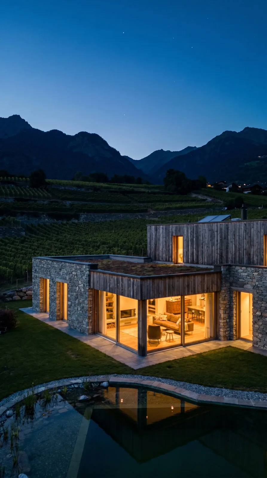 Moradia contemporânea ao pôr do sol no Valais